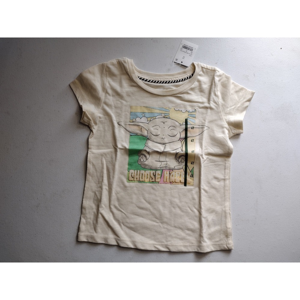 Star Wars Mad Engine Grogu Choose Happy Cream Graphic Tee Shirt Kids Size 4T NEW